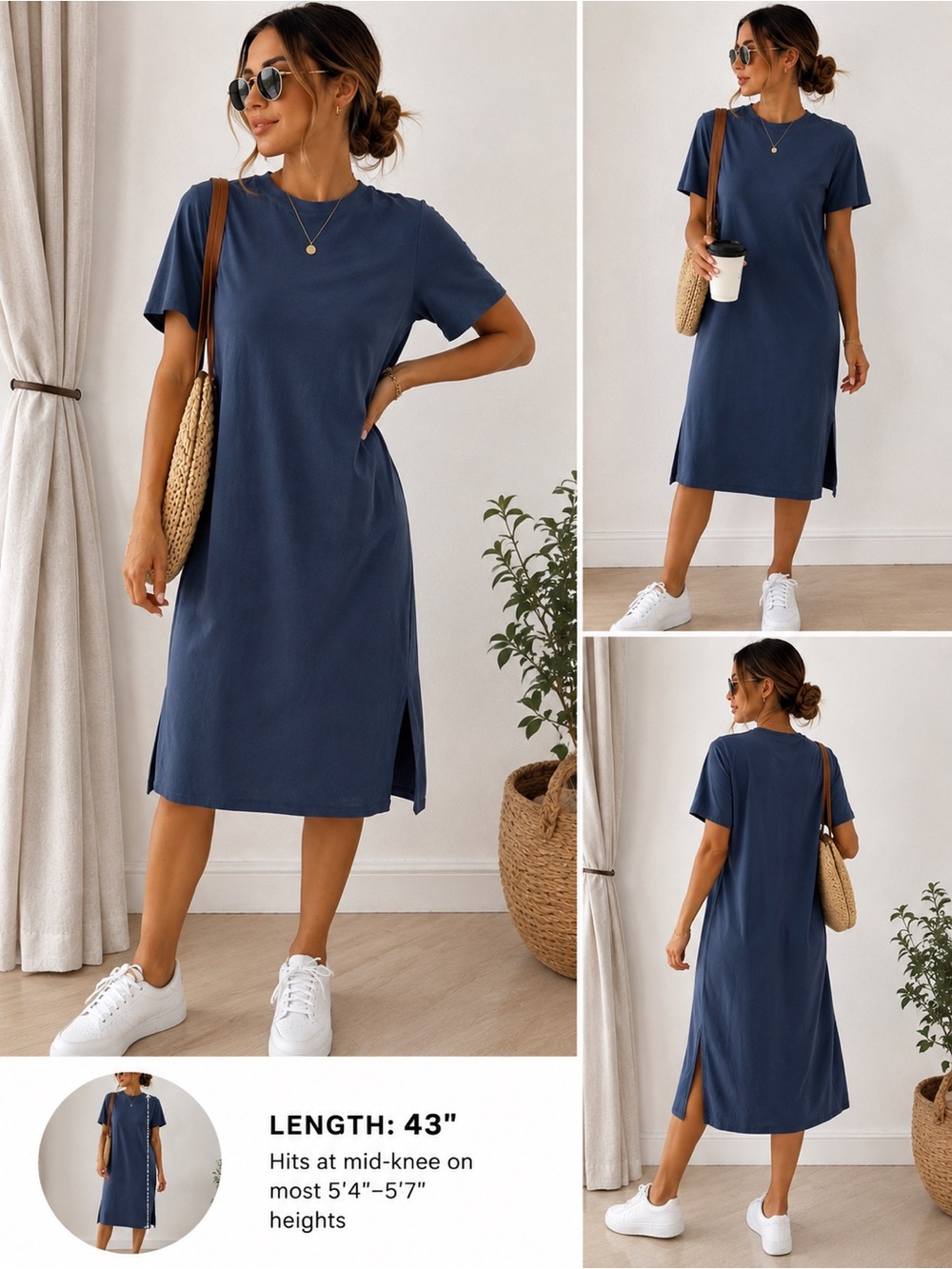 Eileen Fisher Blue Gray Organic Cotton Stretch T-Shirt Midi Dress Size XS